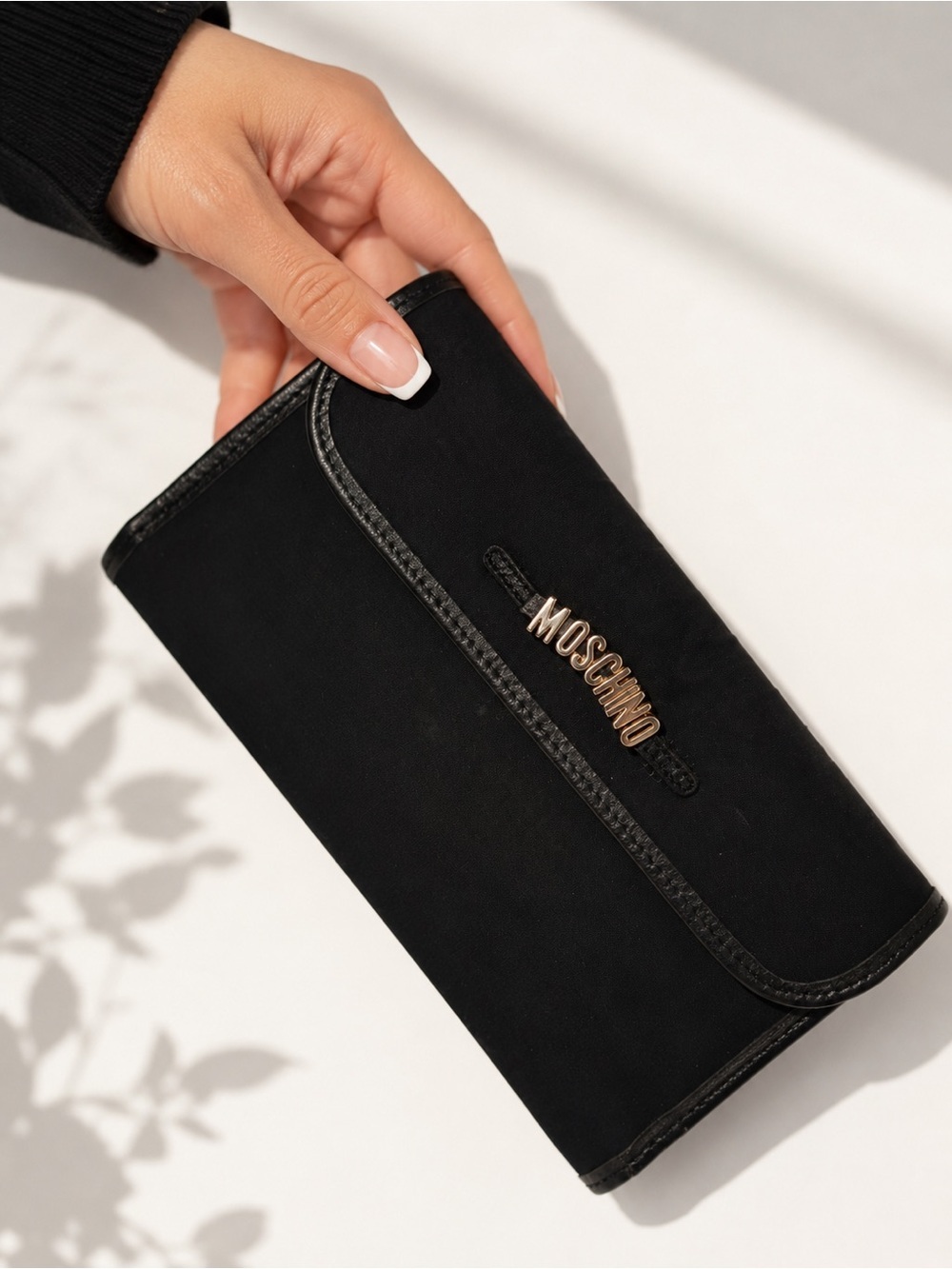 Vintage 1990s Moschino Redwall Italy Black Nylon Leather Continental Wallet
